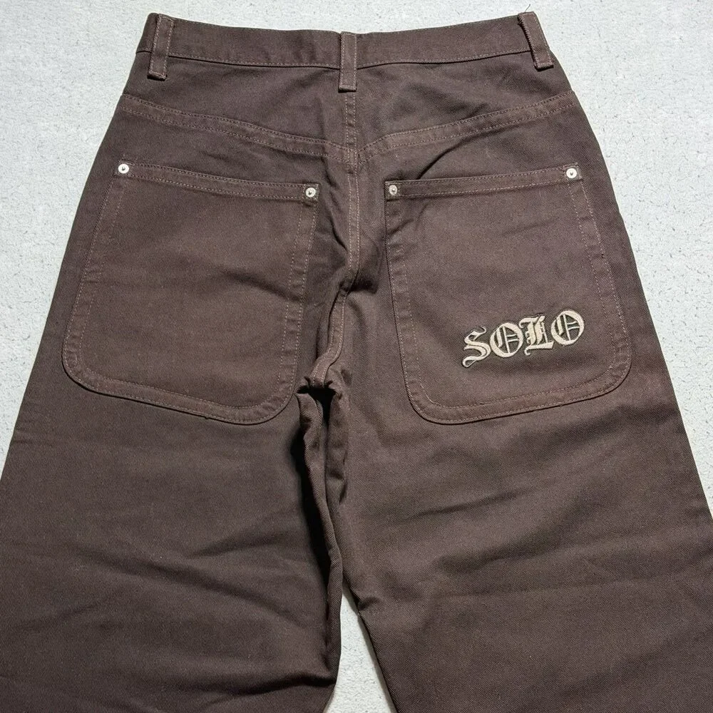 VTG Solo Semore Brown Baggy Embroidered Denim Jeans 34x30 90s USA Y2K Wide Jnco